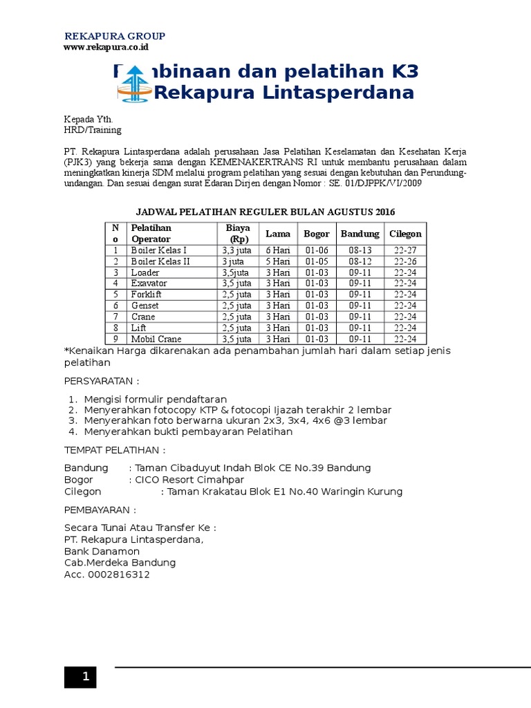 Pembinaan Pelatihan Dan Pemeriksaan K3 Agustus 2016