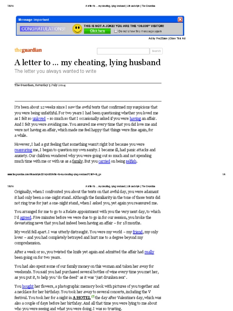 A Letter To My Cheating, Lying Husband - Life and Style - The Guardian ...