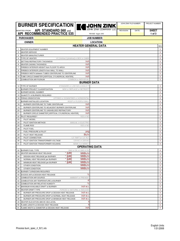 Process Burner Data Sheet | PDF | Combustion | Hvac