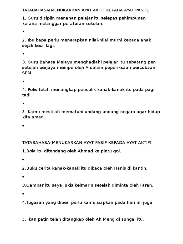 Latihan Ayat Aktif Dan Ayat Pasif Pdf