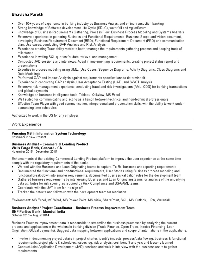 sample finance BA resume | Money Laundering | Business Process