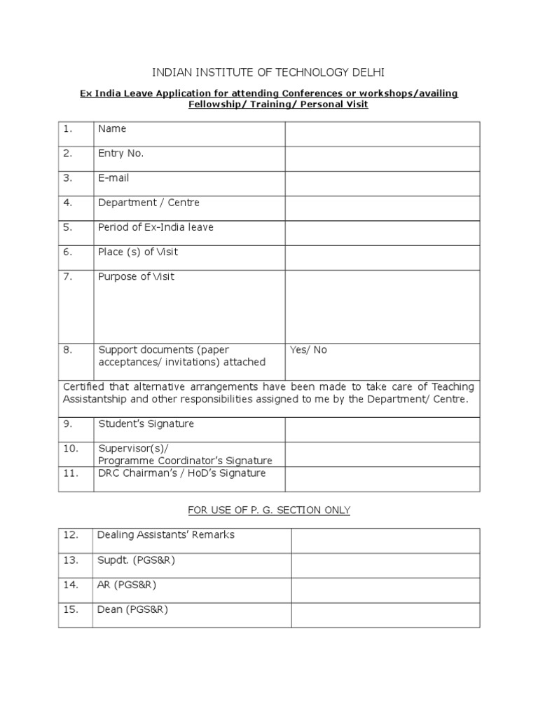 IIT Delhi Ex India Leave Application Form | PDF