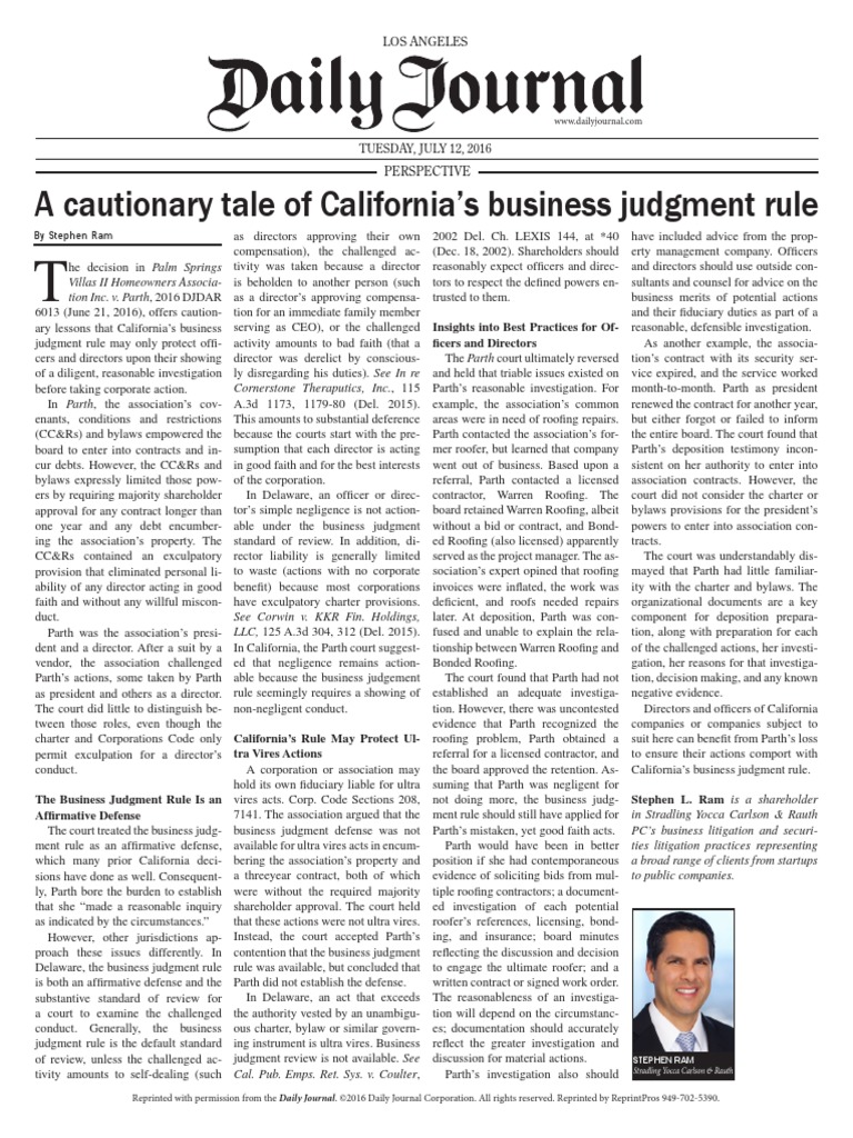 A Cautionary Tale of California's Business Judgment Rule