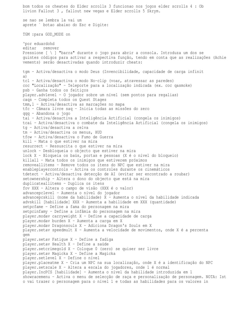 Cheats e Códigos para Skyrim PC | PDF | Videogames | Lazer