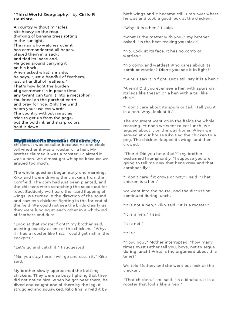 My Brother's Peculiar Chicken, by Alejandro R. Roces: Bautista | PDF