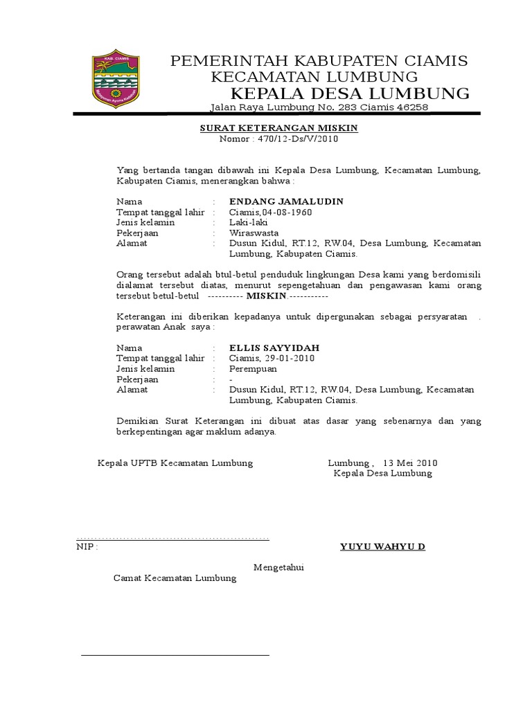 Contoh Surat Keterangan Tidak Mampu