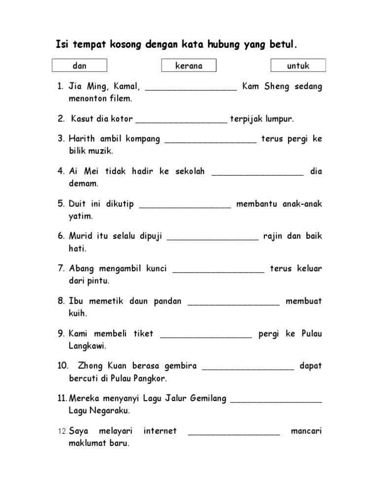 Kata Hubung Tahun 6 Latihan Latihan Kata Hubung Activity For Tahun 6