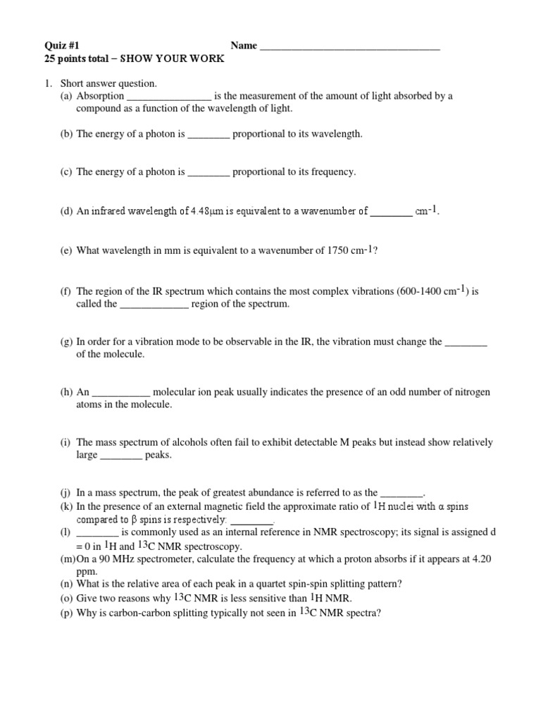 Quiz 1 PDF Nuclear Resonance Spectroscopy Proton Nuclear