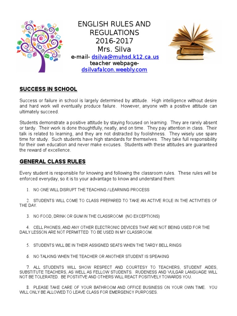 English Rules And Regulations 2016 2017 Mrs Silva E Mail Teacher