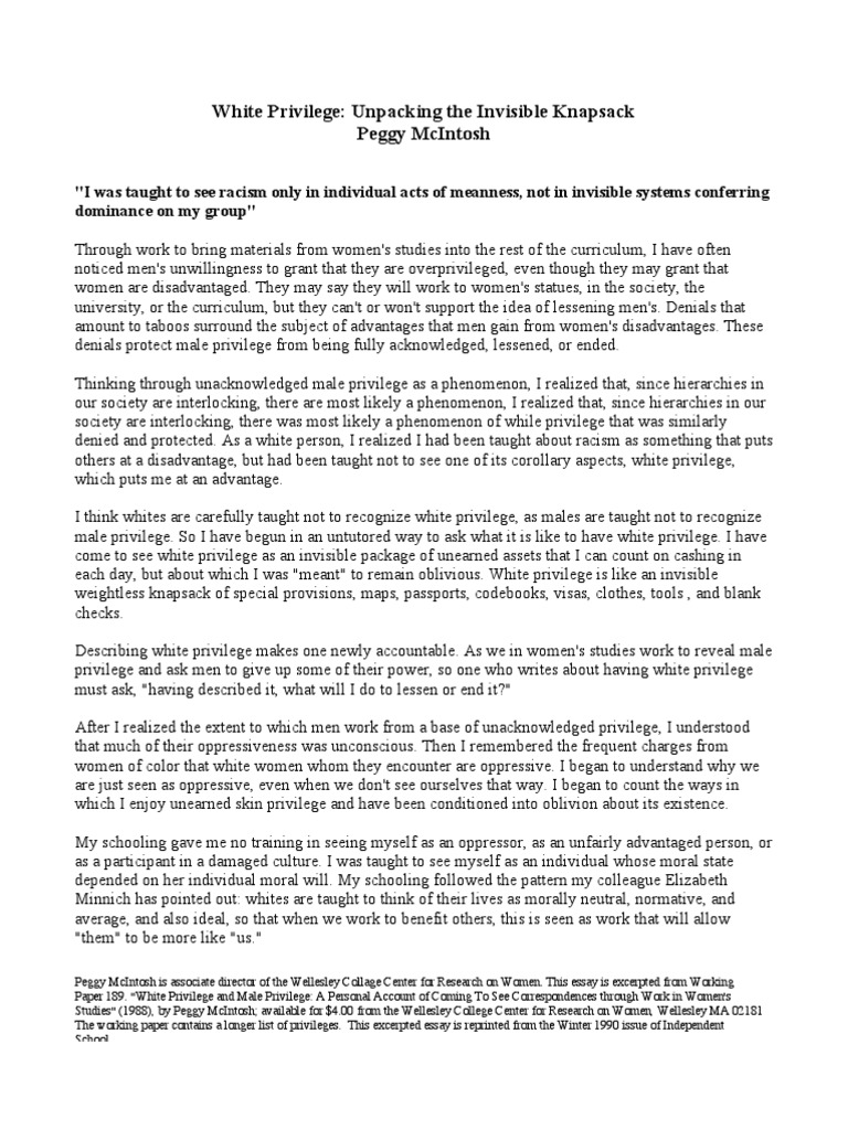 White privilege essay mcintosh