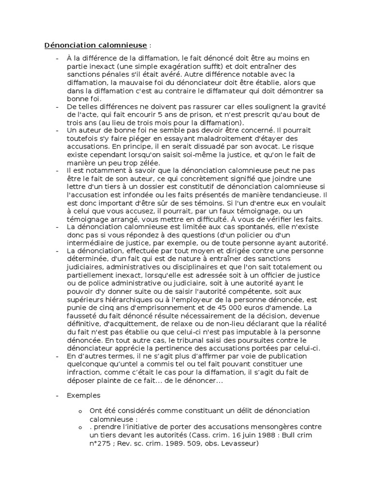 Dénonciation calomnieuse : enjeux juridiques | PDF | Diffamation | Loi ...