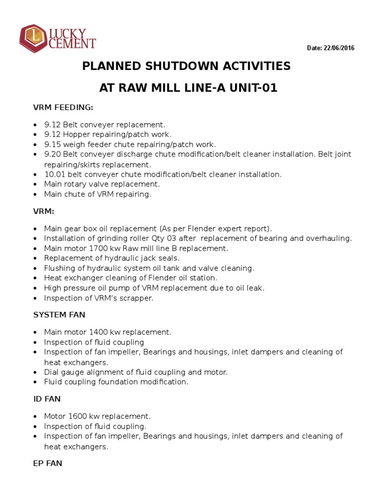 Shutdown Job at Rawmill Line-A (22!6!2016) | PDF | Technology & Engineering