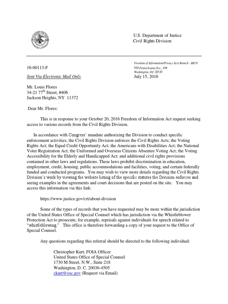 2016-07-15 USDOJ CRT Response To FOIA Request No 2 (Flores V DOJ) | PDF