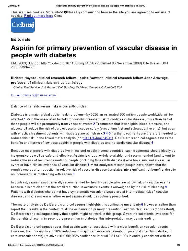 Aspirin For Primary Prevention of Vascular Disease in People With