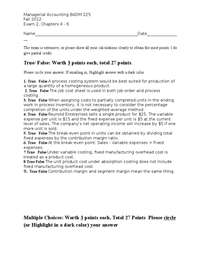 Exam 2 Managerial Accounting CH 4-6 | PDF | Inventory | Business Economics