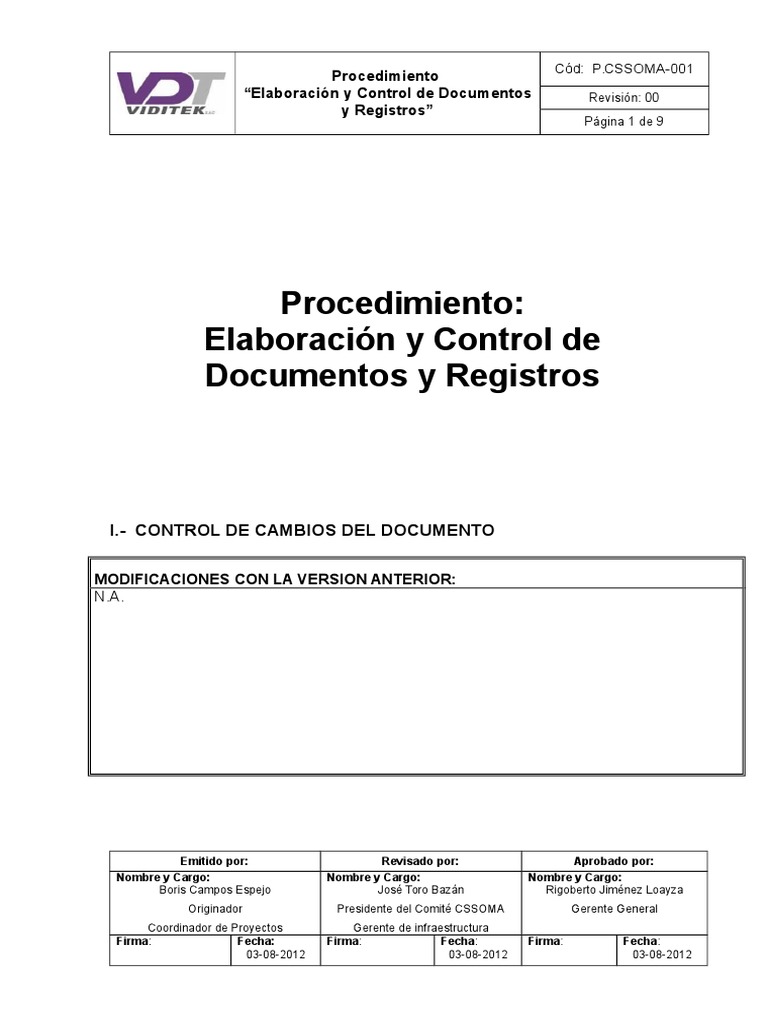 Procedimiento Elaboracion y Control de Documentos y Registros | PDF ...