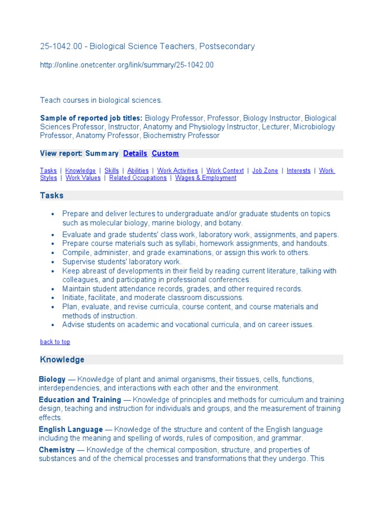 251042.00 Biological Science Teachers, Postsecondary Tasks PDF