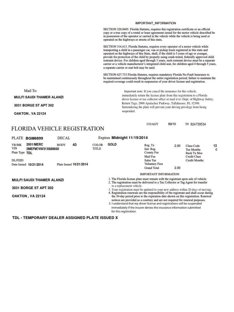 Florida Vehicle Registration Template