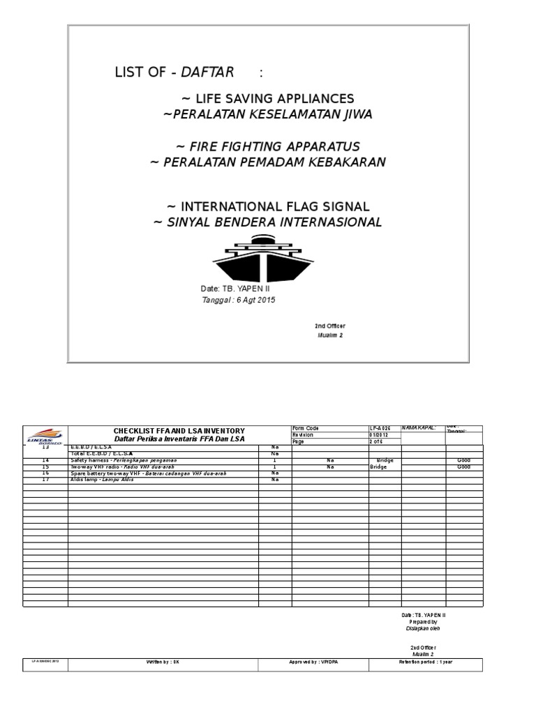 Checklist Inventaris FFA dan LSA Kapal | PDF | Sains & Matematika ...