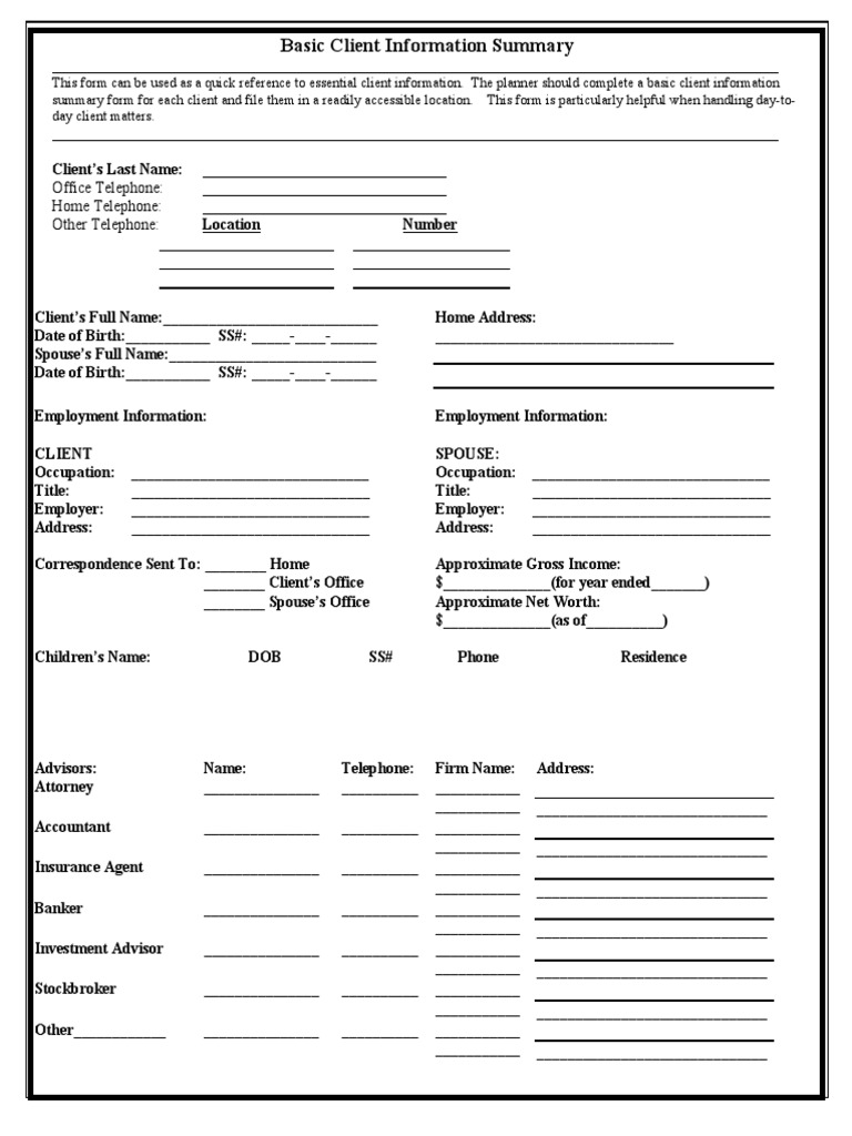 Basic Client Information Summary Form | PDF