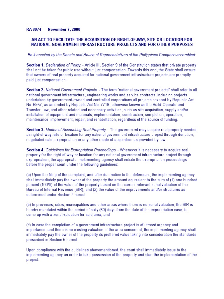 RA 8974: Right-of-Way Acquisition Act | PDF | Eminent Domain | Property