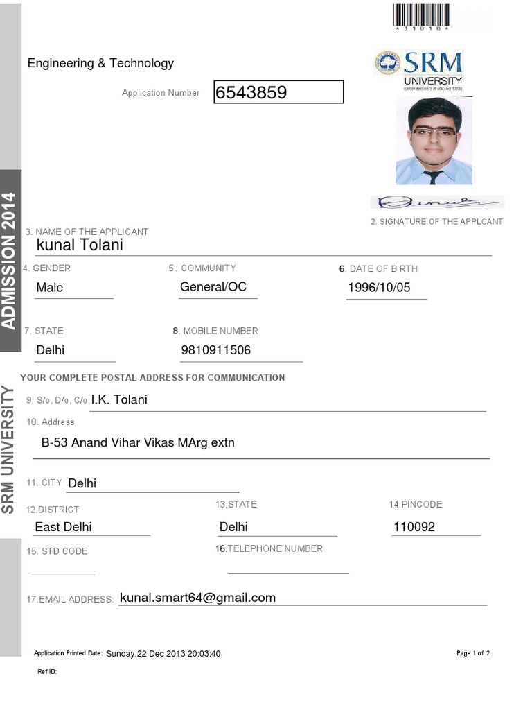 SRM University Admission Form 2014 | PDF | Business | Law