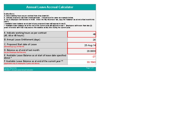 Annual Leave Accrual Calculator PDF Business