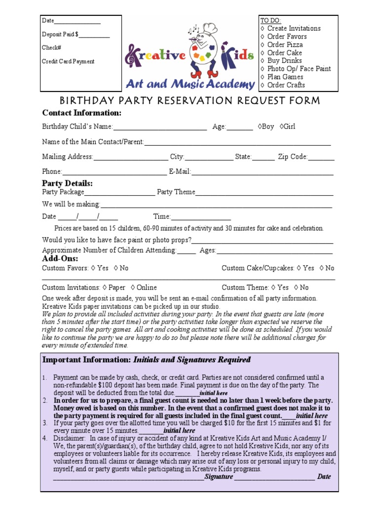 Birthday Party Reservation Form | PDF | Cheque | Credit Card