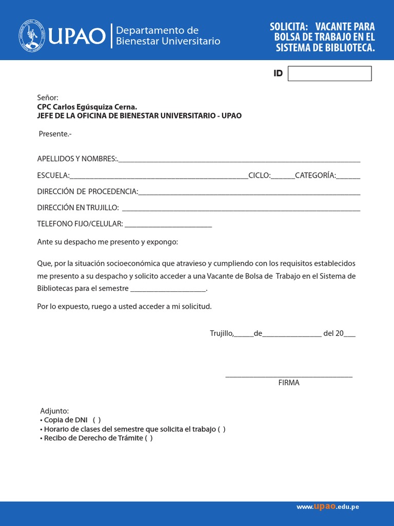 Solicitud Vacante de Trabajo en Biblioteca