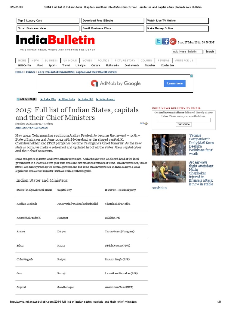 2014 Full List Of Indian States Capitals And Their Chief Ministers Union Territories And Capital Cities India News Bulletin Indian National Congress Politics Of India