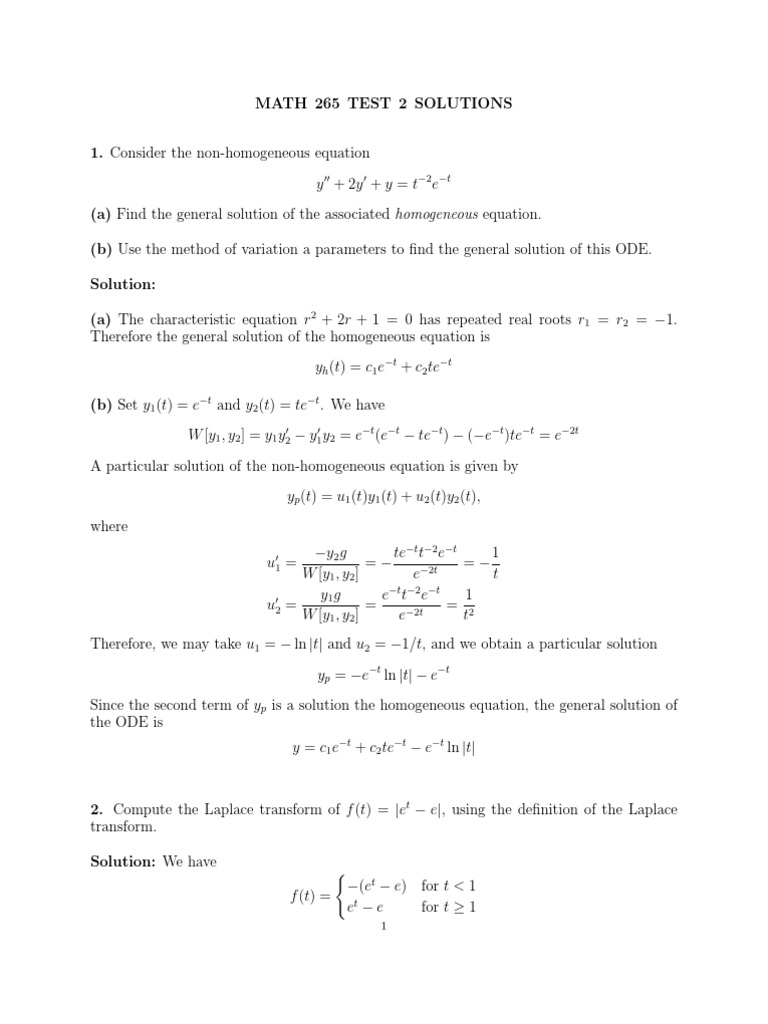 MATH 265 Test 2 Solutions Summary | PDF | Laplace Transform | Equations