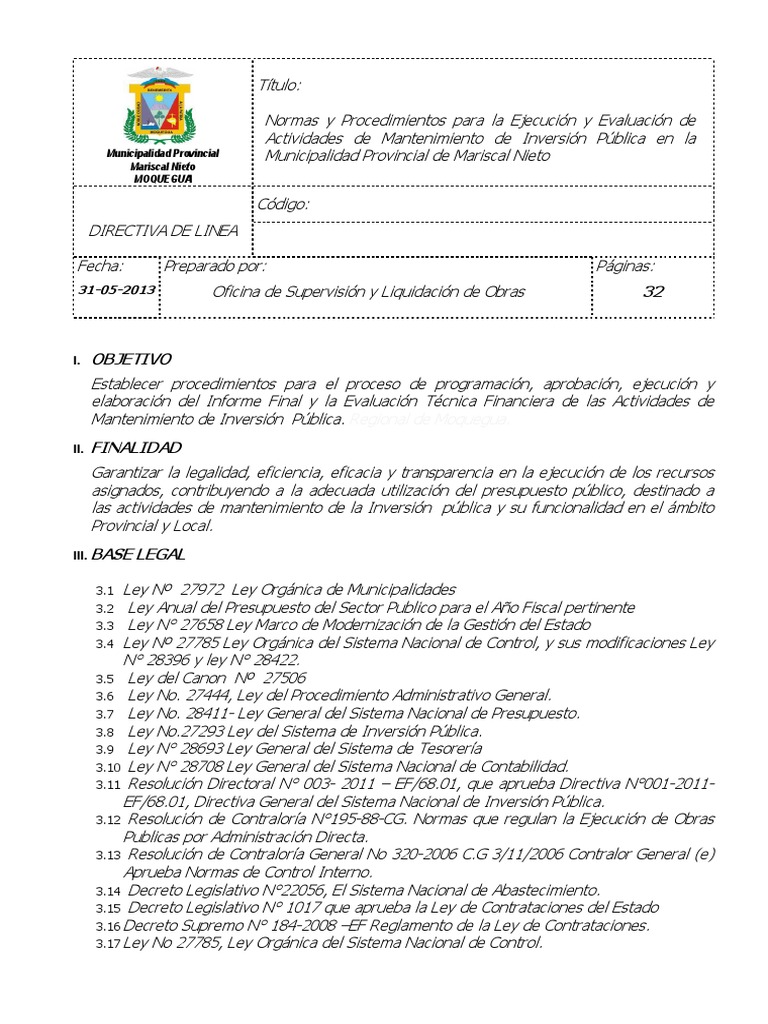 Directiva Fichas De Mantenimiento Pdf Presupuesto Liquidación