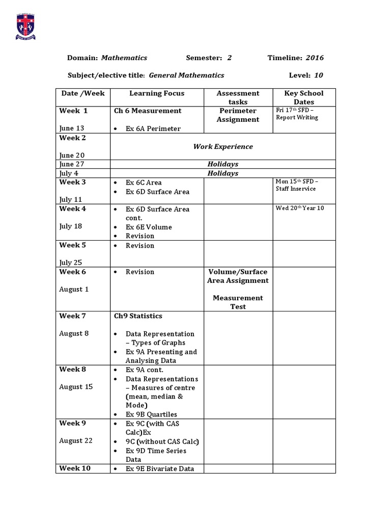 Year 10 General Mathematics Plan | PDF