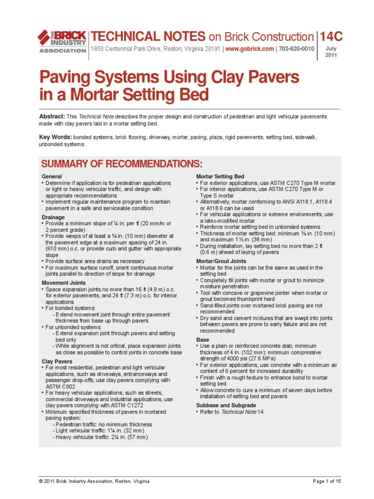 Paving Systems Using Clay Pavers in A Mortar Setting Bed Technical