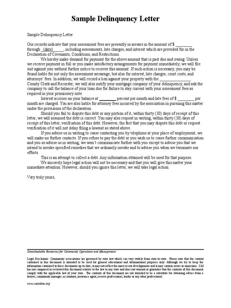 Sample Delinquency Letter | Debt | Arrears