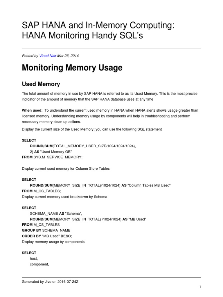 SAP HANA Memory Monitoring SQLs | PDF | Sql | Computer Data Storage
