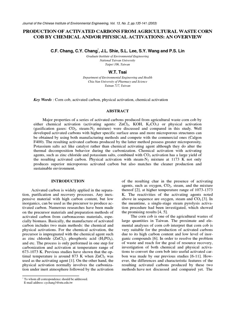 Corn Cob Activated Carbon Production | PDF | Adsorption | Gases