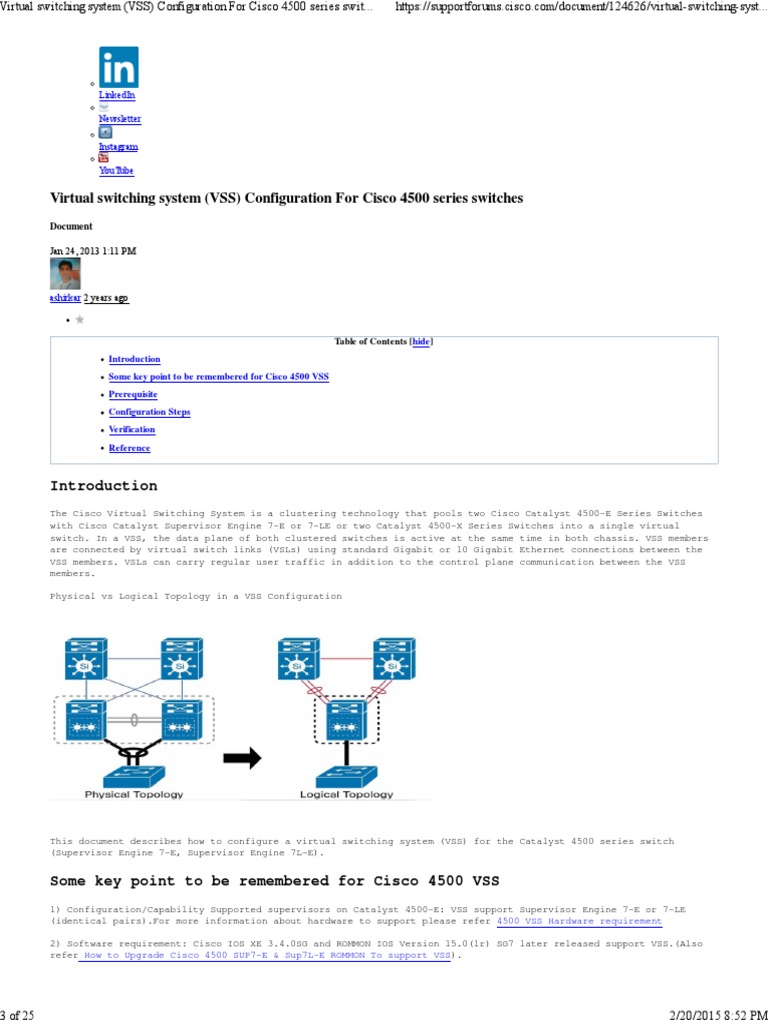 Virtual Switching System (VSS) Configuration for Cisco 4500 Series