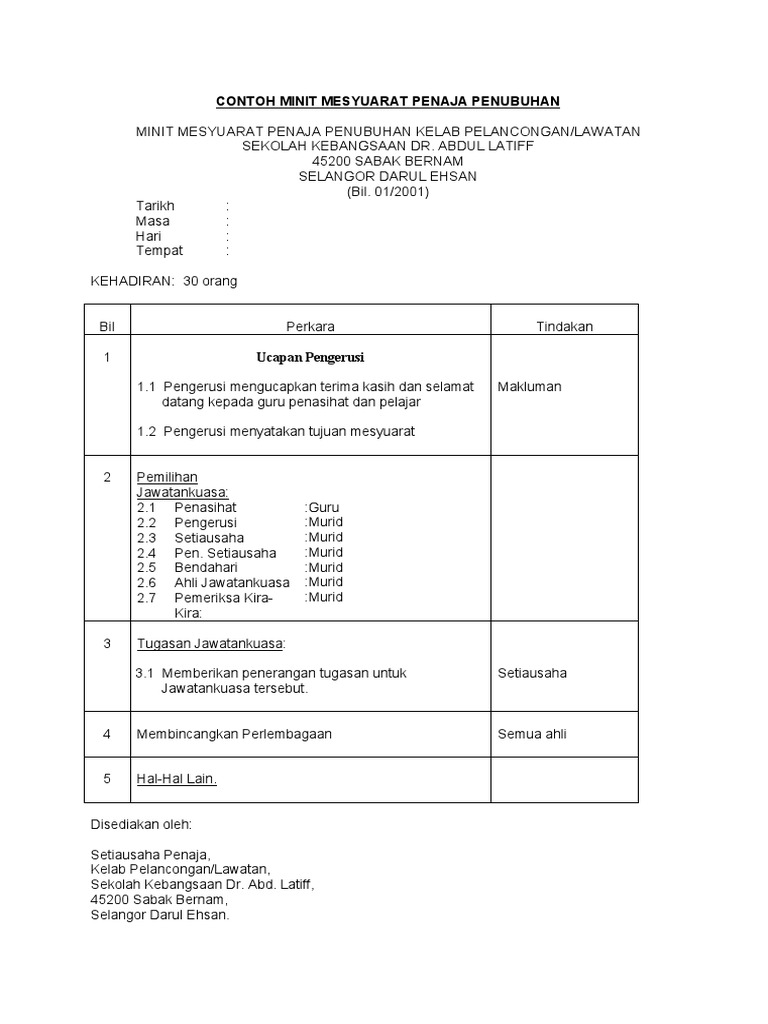 Contoh Minit Mesyuarat Penubuhan Persatuan