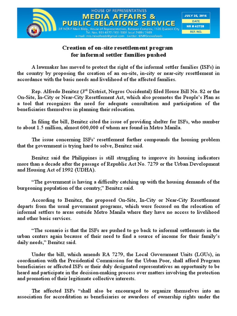 On-Site Resettlement Program for ISFs | PDF | Squatting | Government