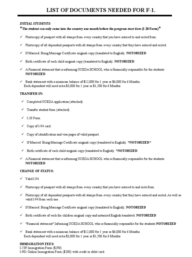 F-1 Visa Document Requirements Checklist | PDF | Finance & Money ...
