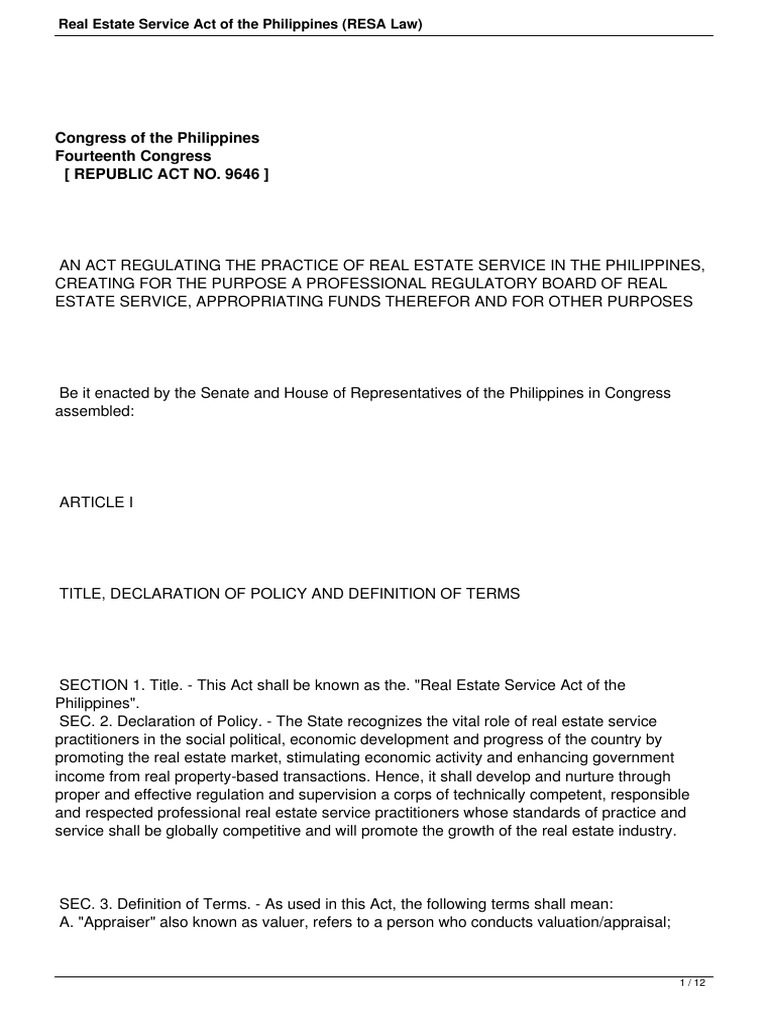 RESA Law Real Estate Act Service of The Philippines PDF Real Estate