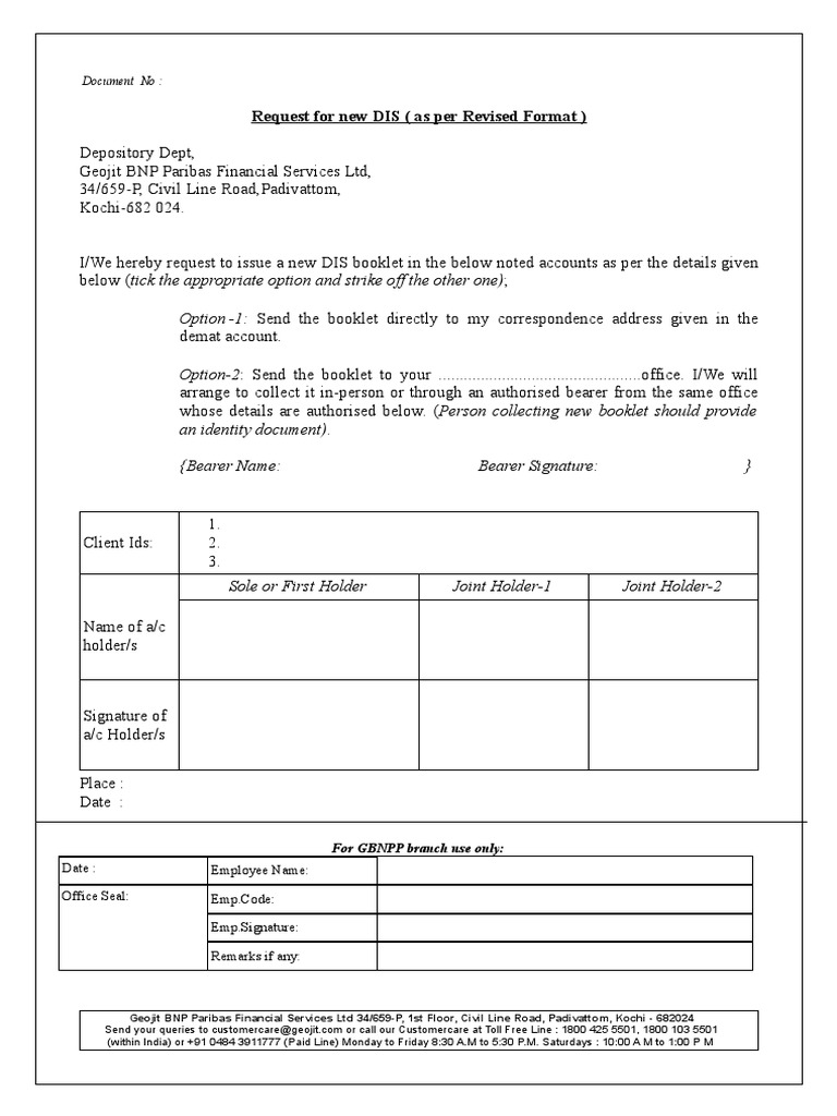 Request For New DIS (As Per Revised Format) : Document No | PDF