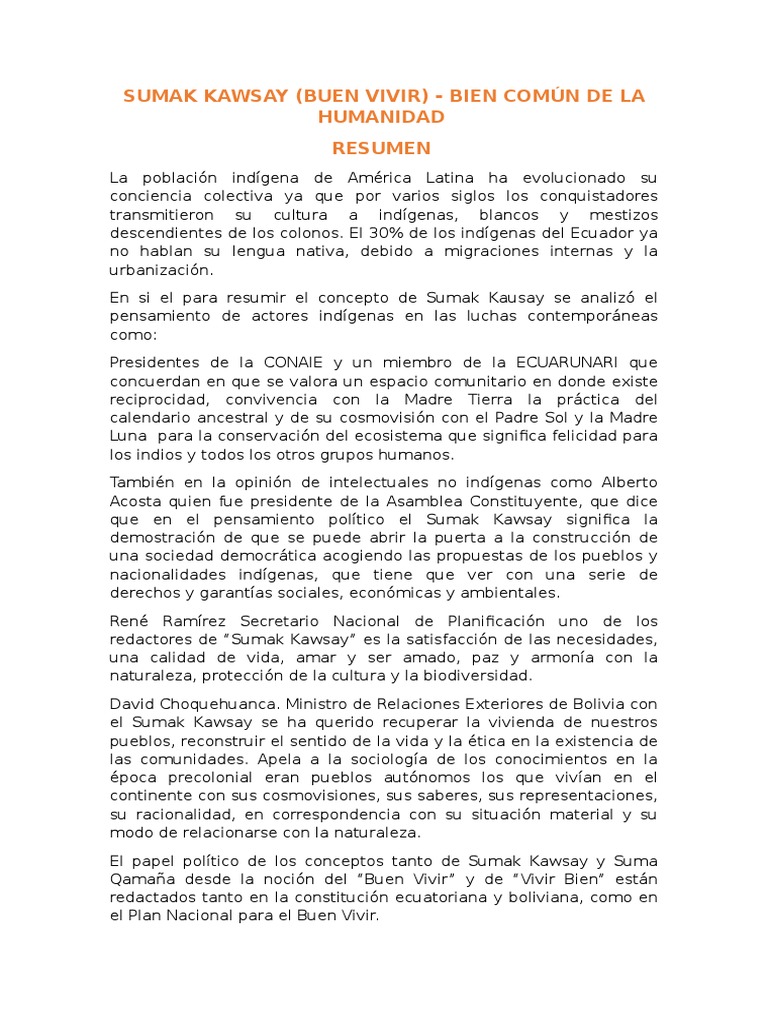 Sumak Kawsay Resumen PDF