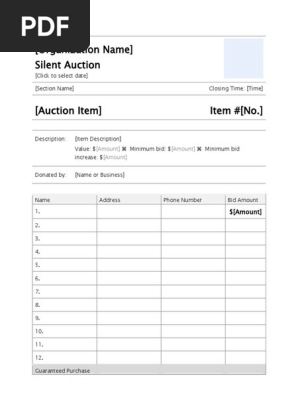Silent Auction Bid Sheet