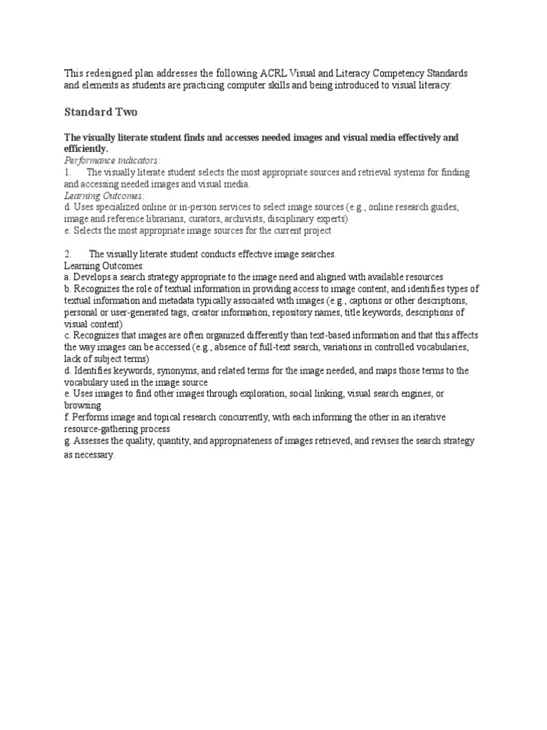 This Redesigned Plan Addresses The Following Acrl Visual and Literacy ...