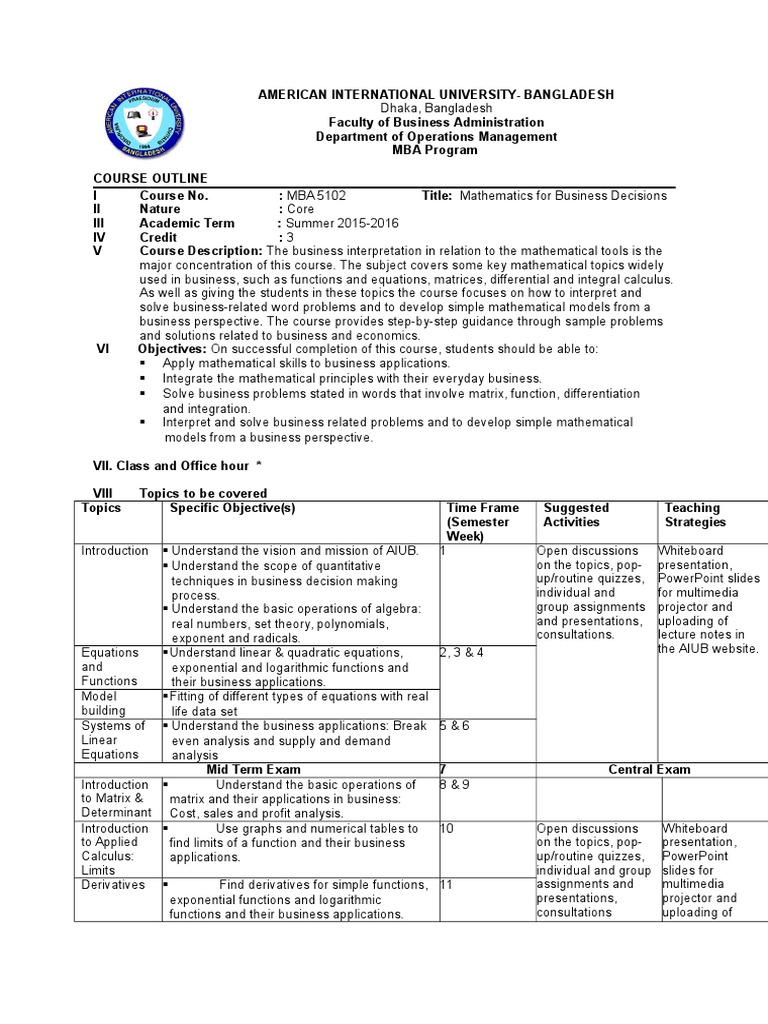 MBA Mathematics for Business Decisions | PDF | Equations | Matrix ...