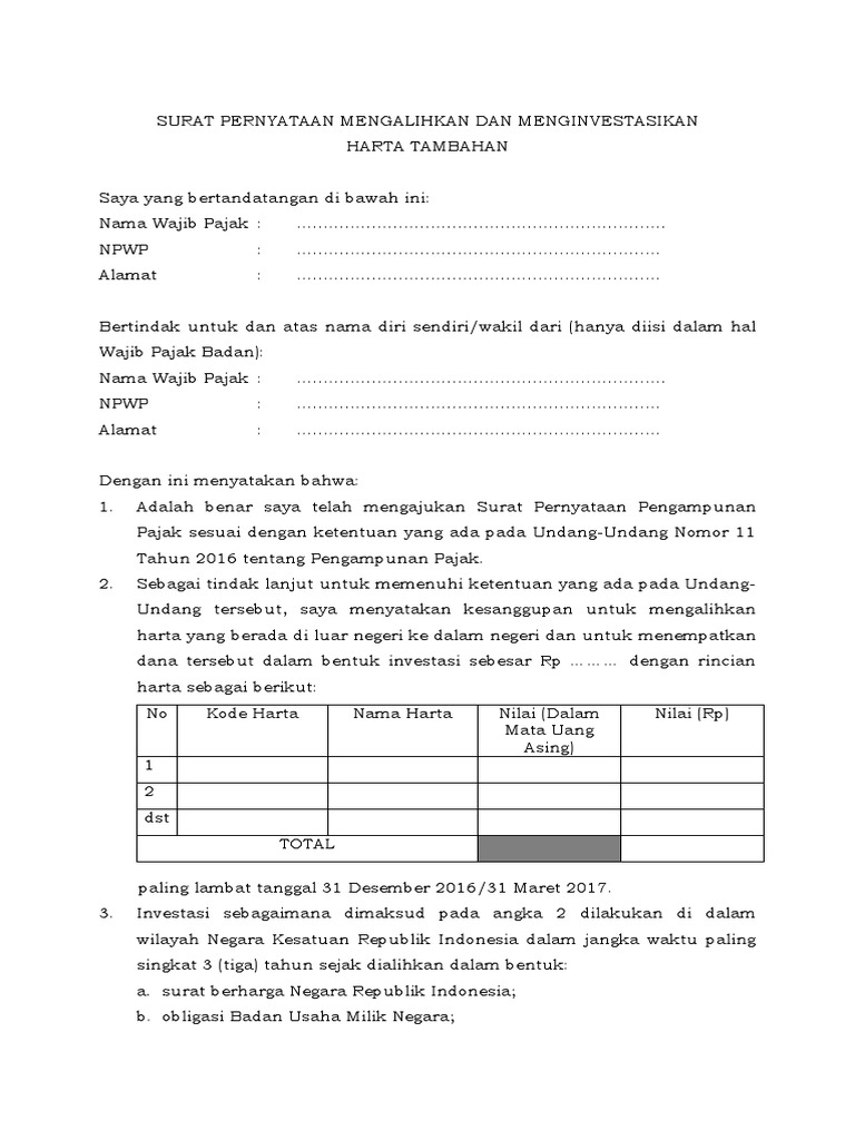 Surat Pernyataan Tidak Mengalihkan Harta Tax Amnesty