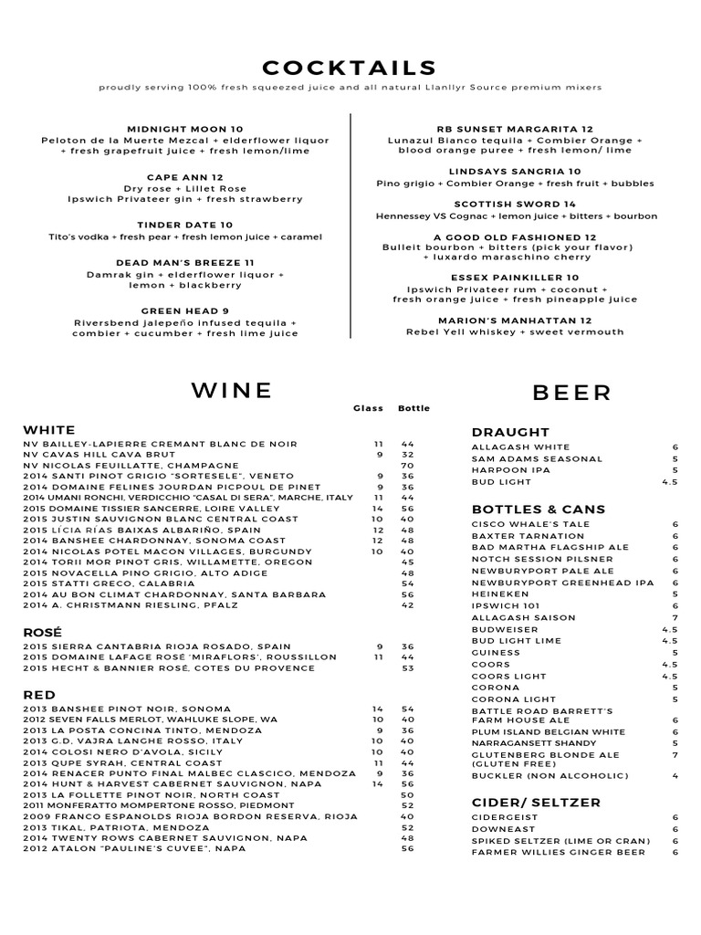 Rivers bend Beverage Menu Viticulture Alcoholic Drinks