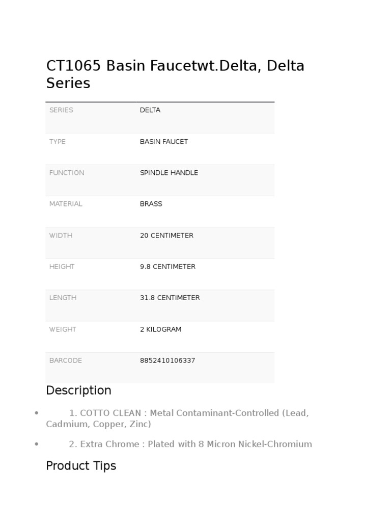 Delta Basin Faucet Specifications | PDF